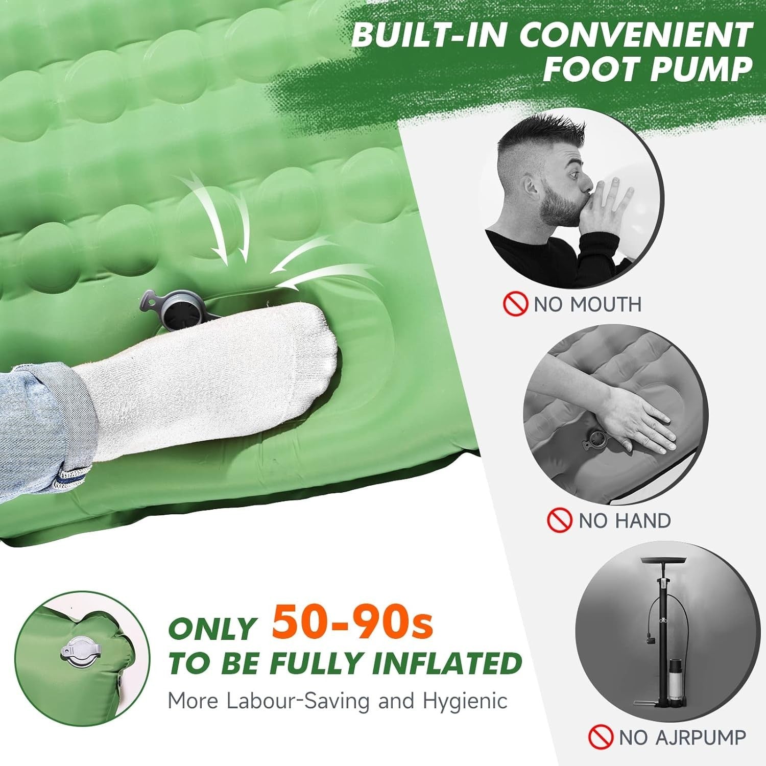 Ultralight Inflatable Camping Sleeping Pad with Built-In Foot Pump & Pillow.