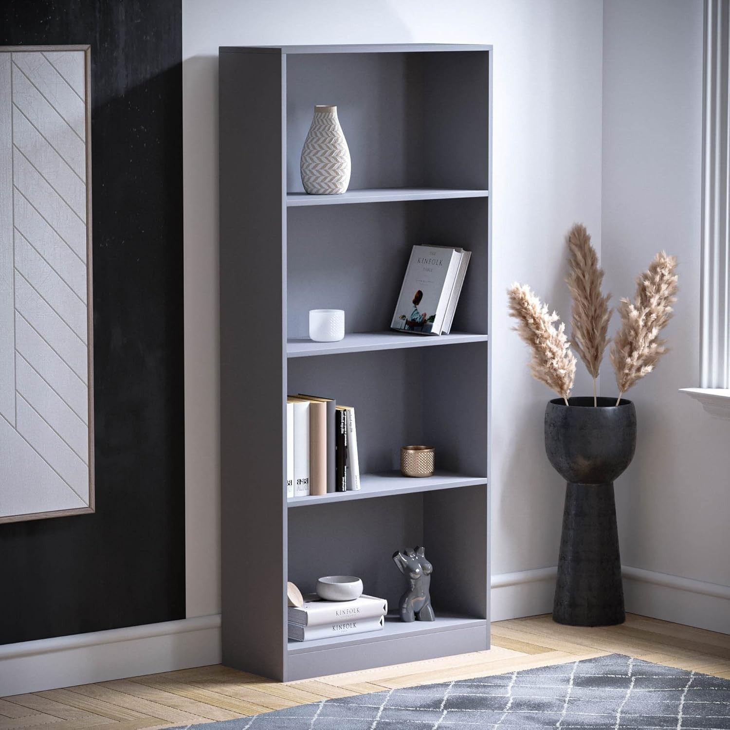 4 Tier Grey Wooden Bookcase Modern Storage Display Shelf for Living Room