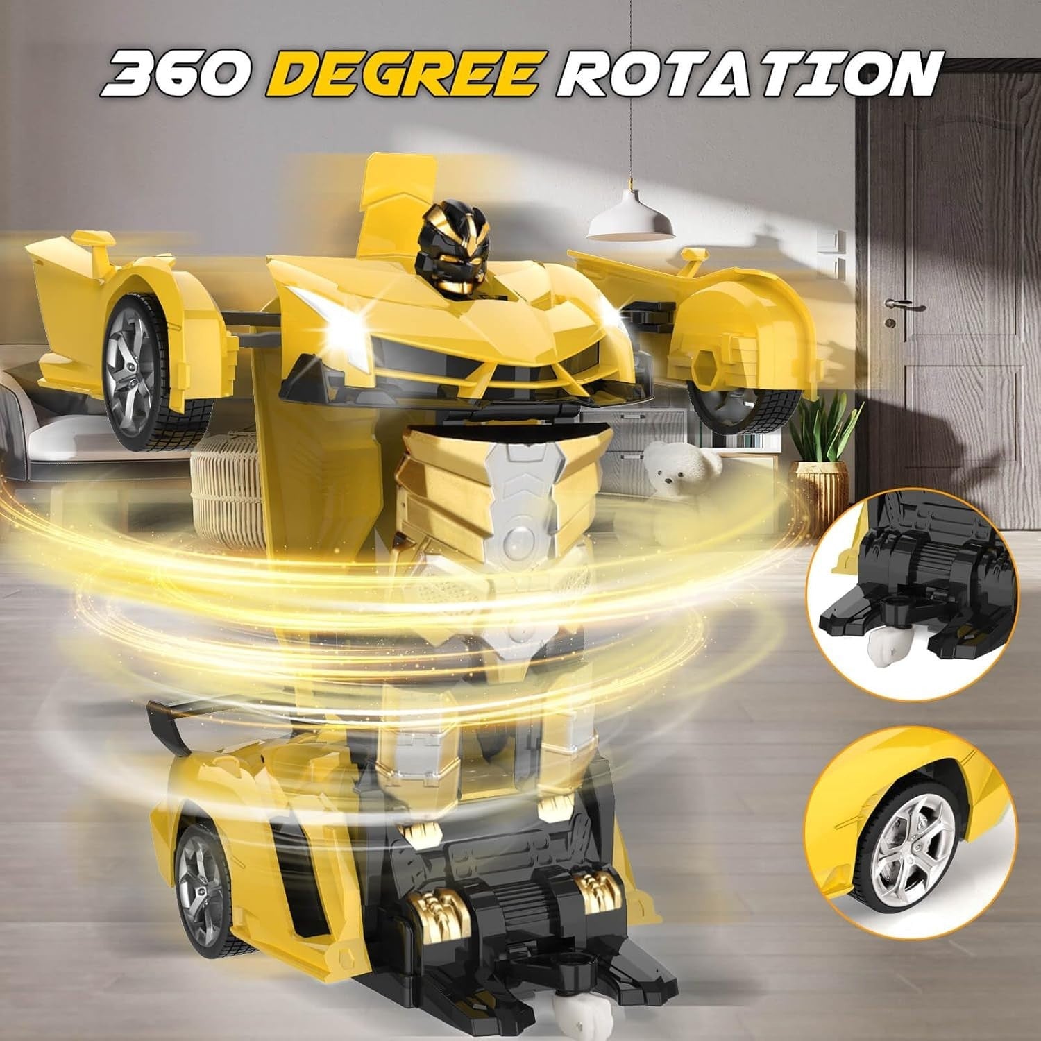 2-in-1 Yellow RC Transforming Robot Car 360° Spin Remote Control Toy for Kids