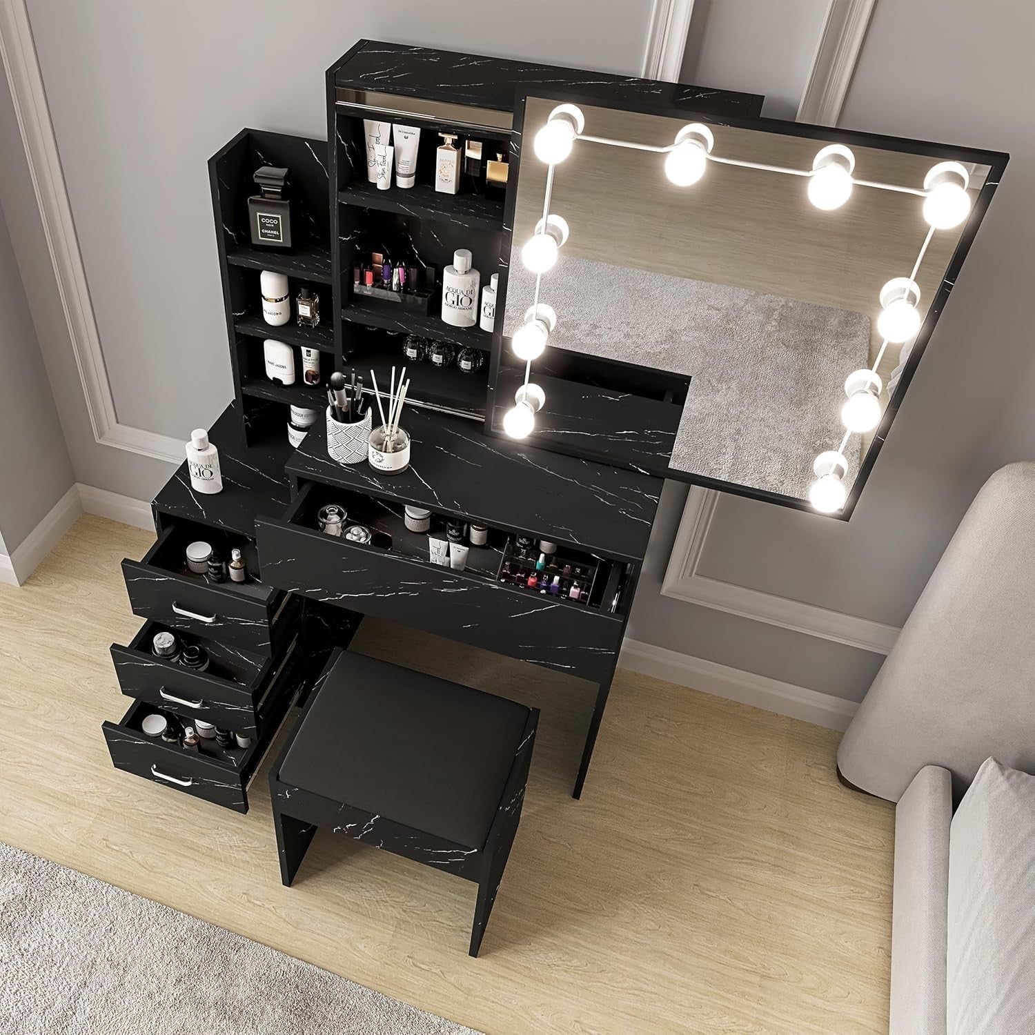 Wood Vanity Desk w/Sliding Lighted Mirror 2 Drawers Large Storage Shelves Set