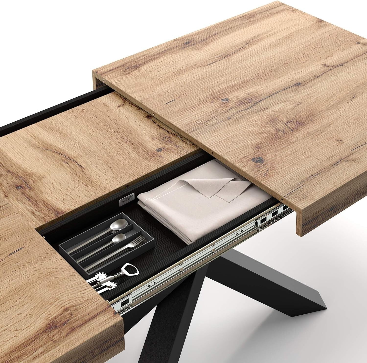 Extendable Walnut Dining Table 160–240cm w/ Rustic oak Cross Black Legs Modern