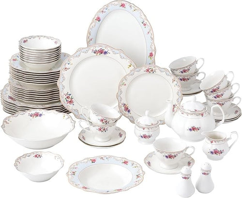 57pc Bone China Dinnerware Set Floral Gold Trim Plates Cups Serving Set