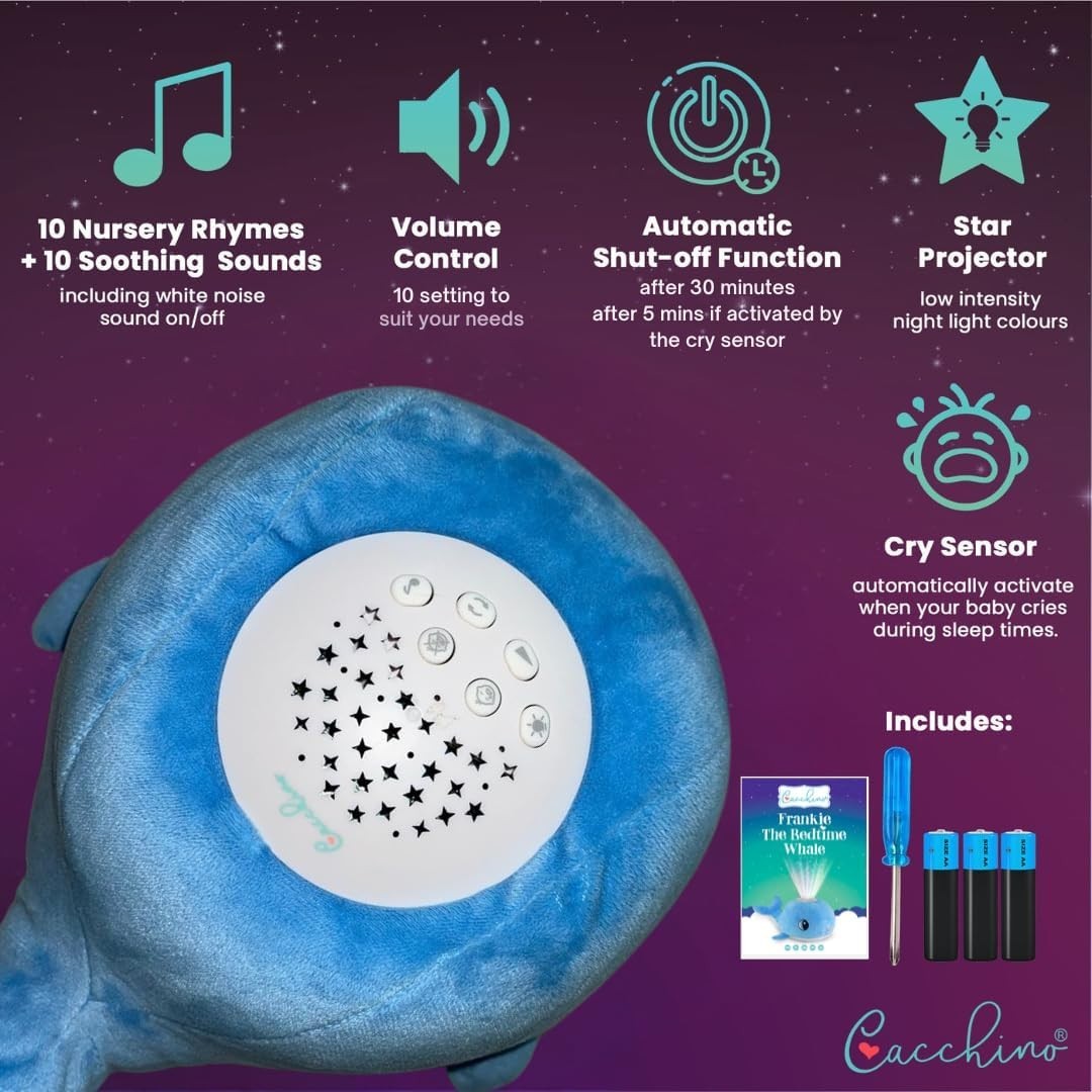 Blue Plush Whale Baby Sleep Soother with 12 Lullabies & White Noise Toy