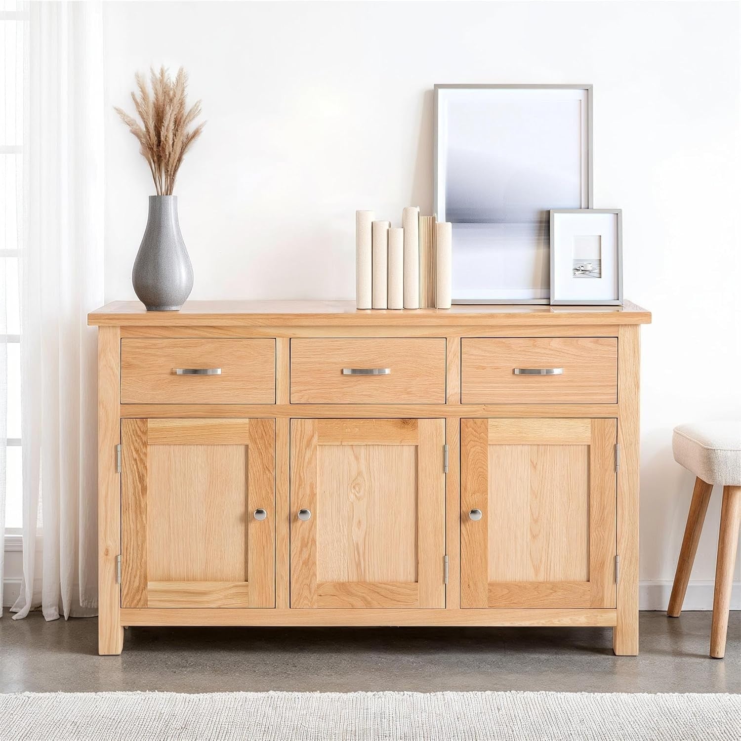 Large Oak Sideboard Cabinet 3 Doors 3 Drawers Sturdy Storage for Living Room