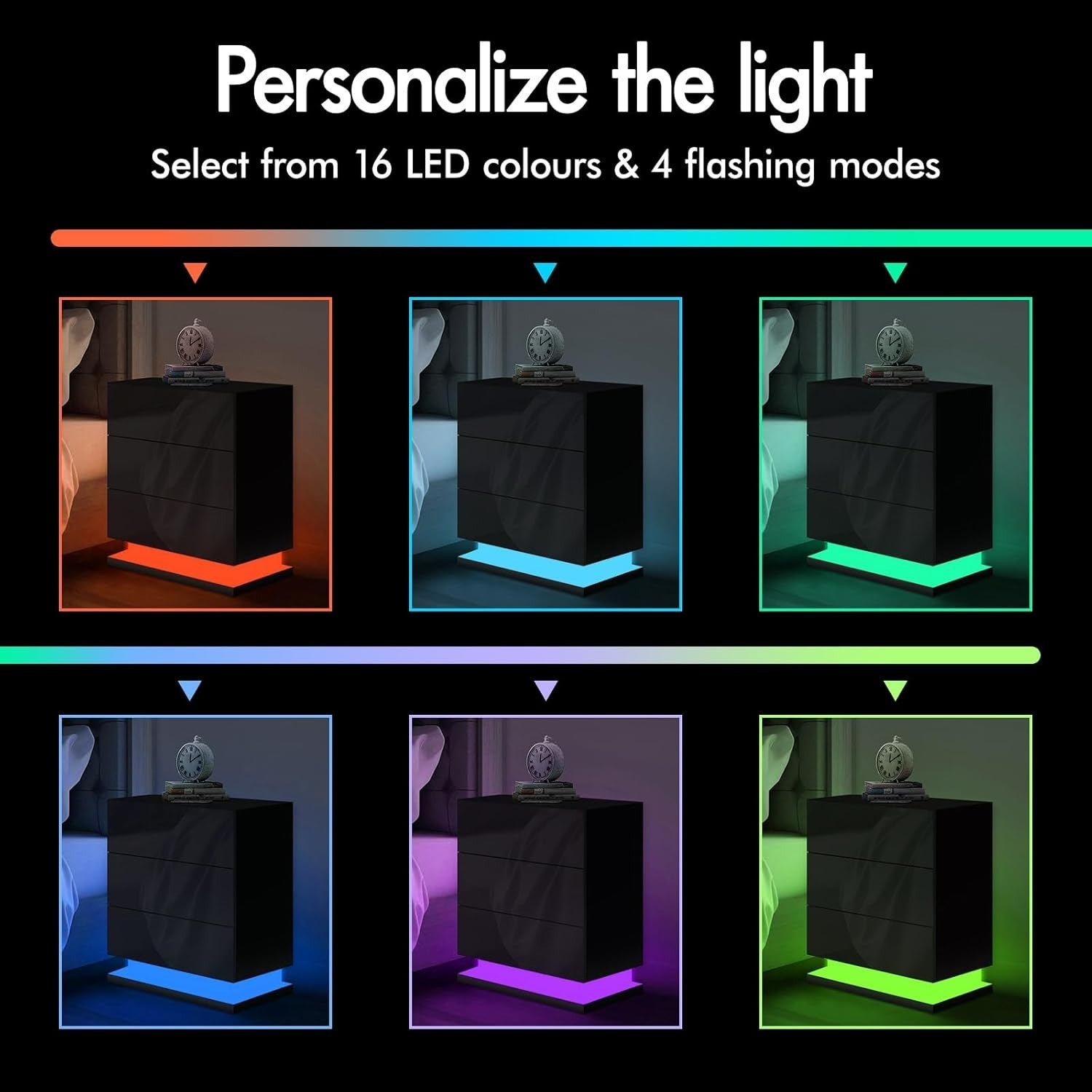 LED Bedside Table with 3 Drawers & RGB Lights | Black High Gloss Nightstand