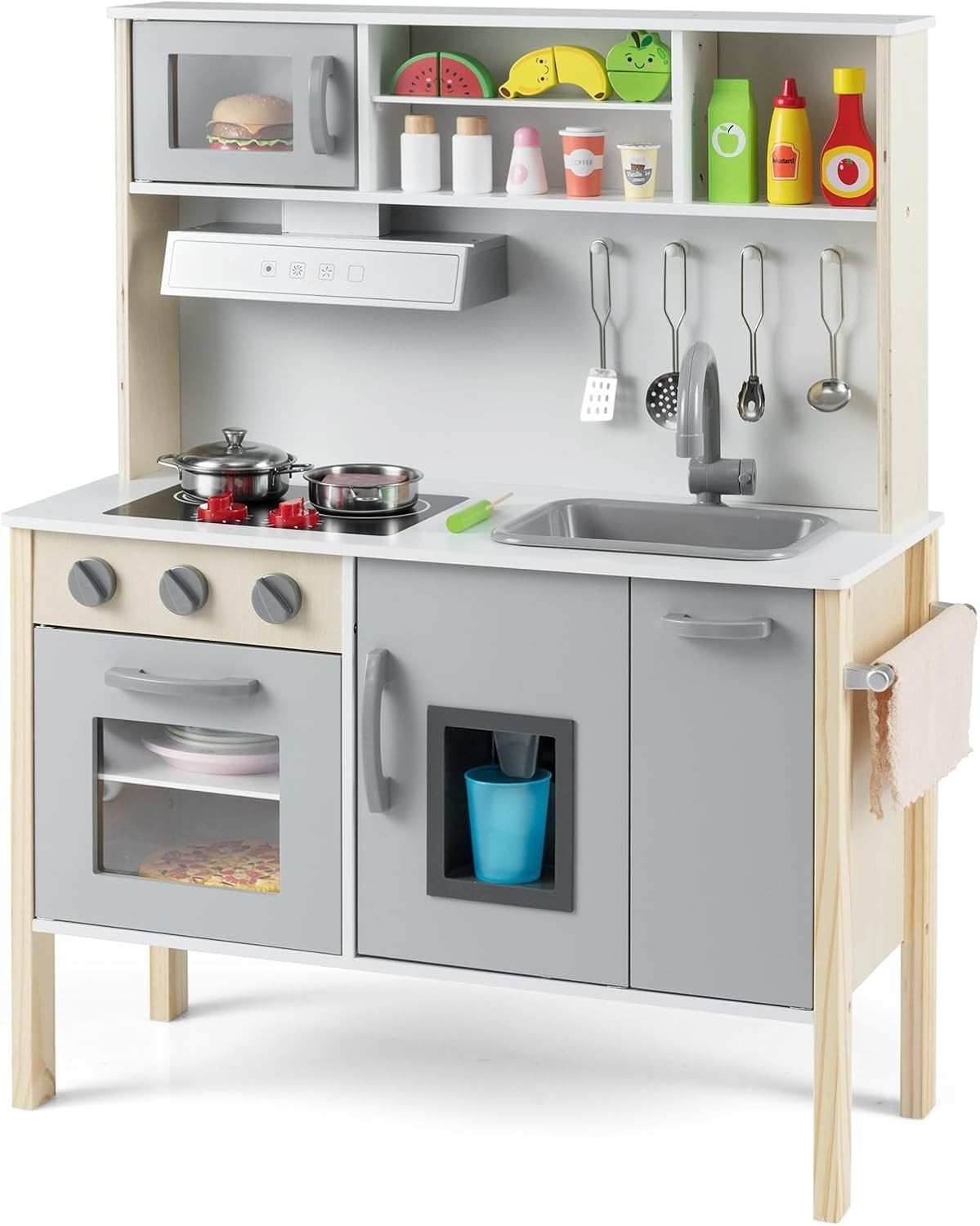 Wooden Kids Play Kitchen Grey Toy Set Microwave Oven Ice Maker Sound