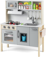 Wooden Kids Play Kitchen Grey Toy Set Microwave Oven Ice Maker Sound