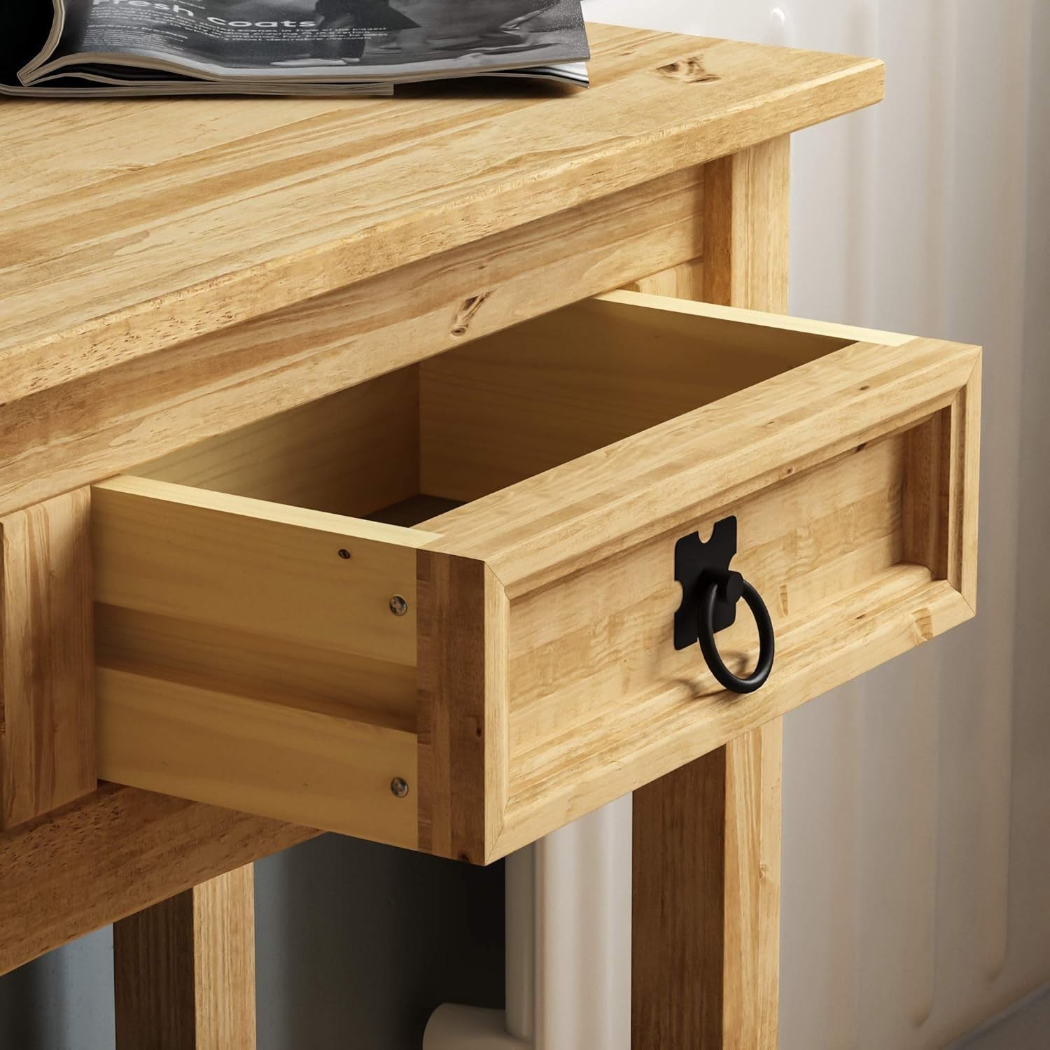 Rustic Pine Console Table with Drawers & Shelf, Solid Wood Hallway Unit