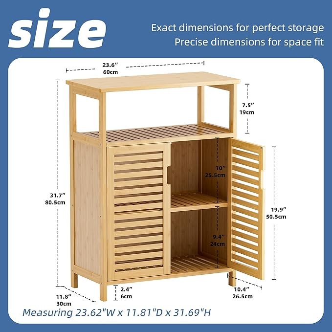 Natural Bamboo Storage Cabinet with Shutter Doors & Open Shelf 60x30x80cm