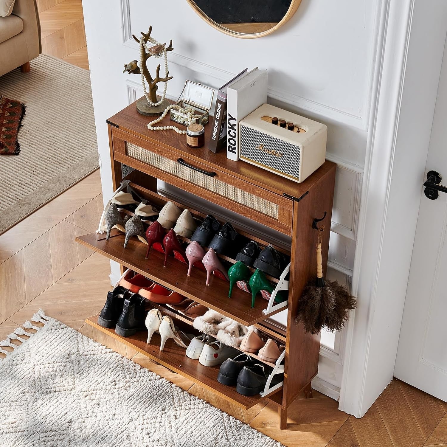 Narrow Shoe Cabinet with Rattan Flip Drawers, Large Storage for 16-20 Pairs