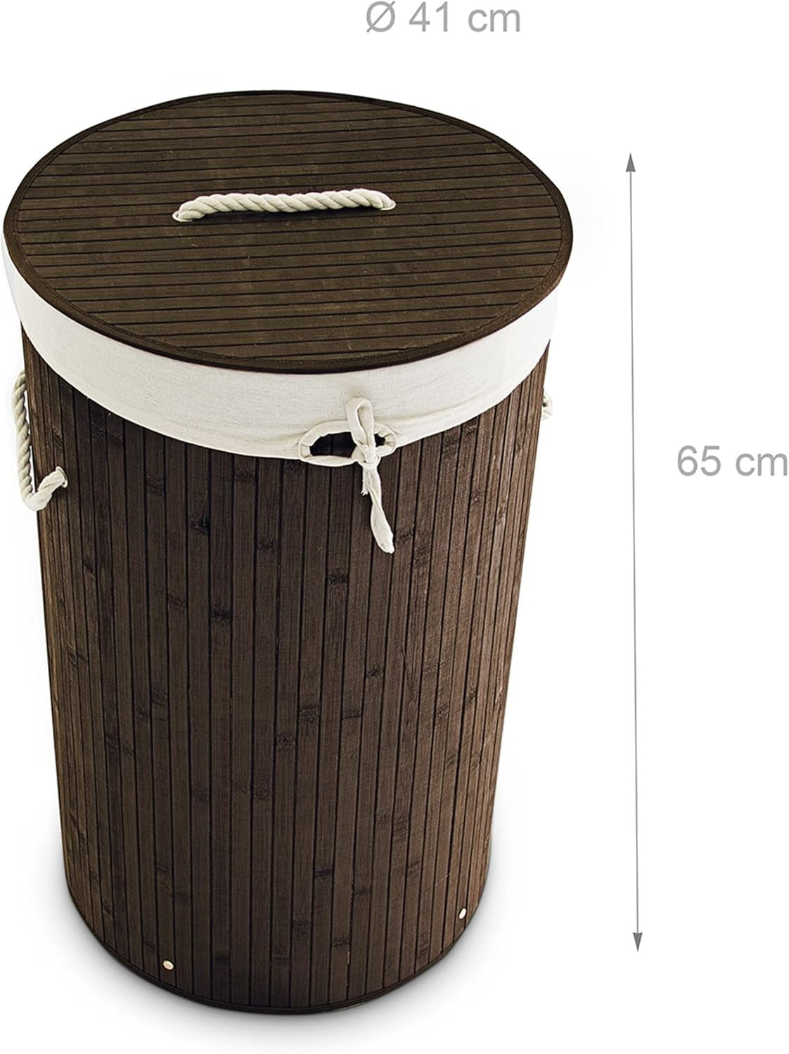 Round Bamboo Laundry Basket 80L with Lid & Cotton Liner Foldable Brown 65×41cm