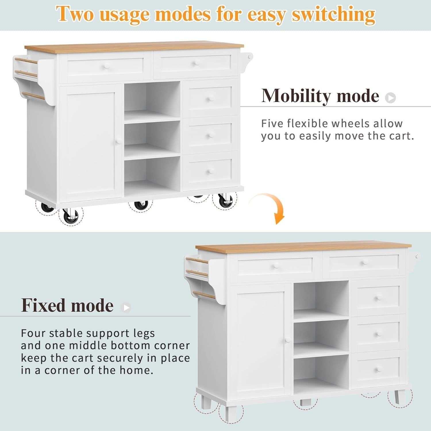 Multi-Level Kitchen Trolley with Drawers & Shelves, Mobile Food Cart 134x46x92cm