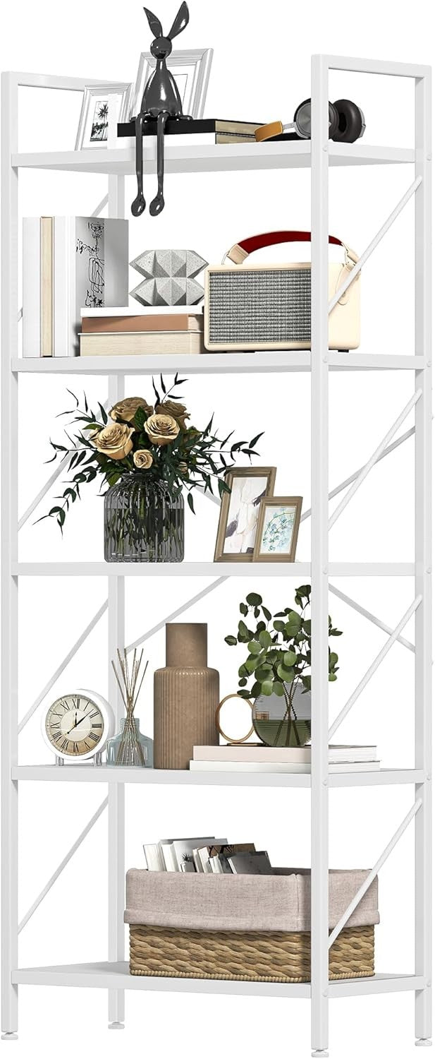 5-Tier White Industrial Bookshelf Metal Frame Wood Shelving Storage Unit
