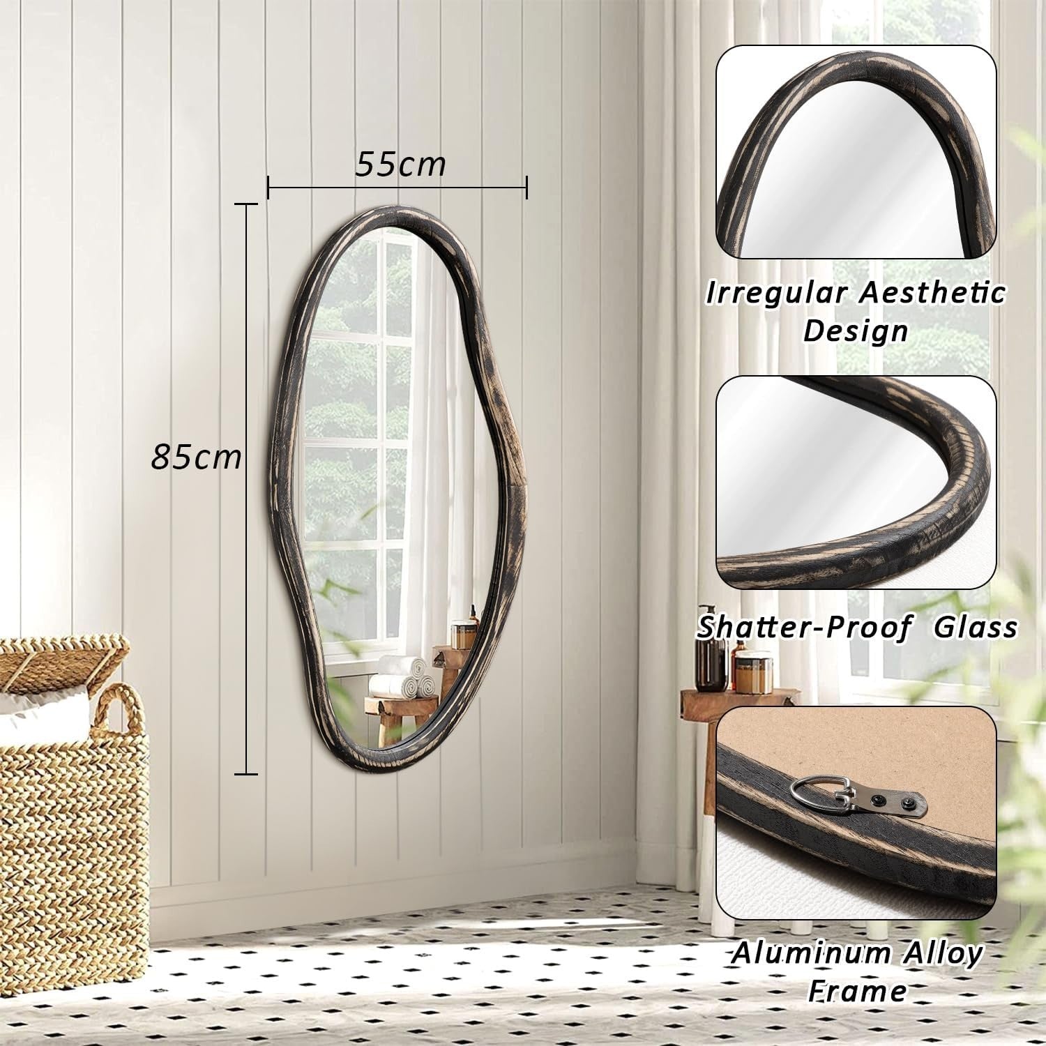 Rustic Black Wall Mirror 85x55cm Irregular Shape for Bathroom Hallway