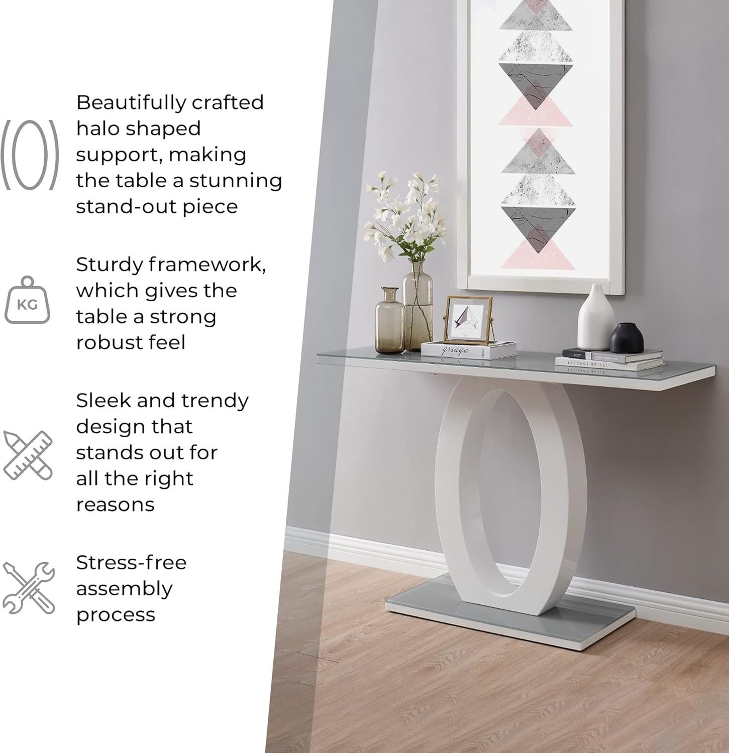 120cm Grey White Console Table – High Gloss Glass Top Modern Hallway Unit