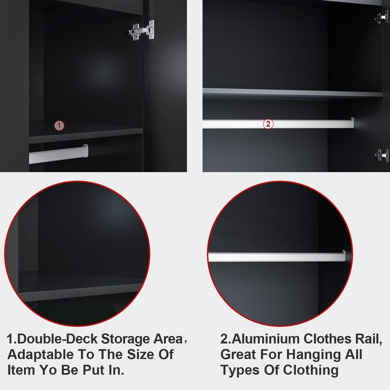 2 Door Mirror Wardrobe High Gloss Black Modern Bedroom Storage Unit