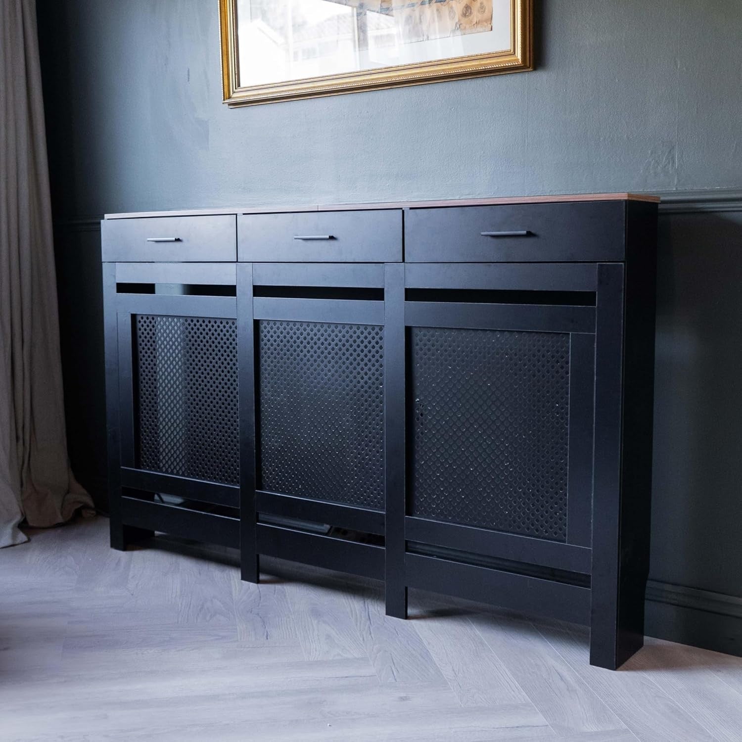 Large Black Radiator Cover with Drawers Diamond Slat W152xH96cm