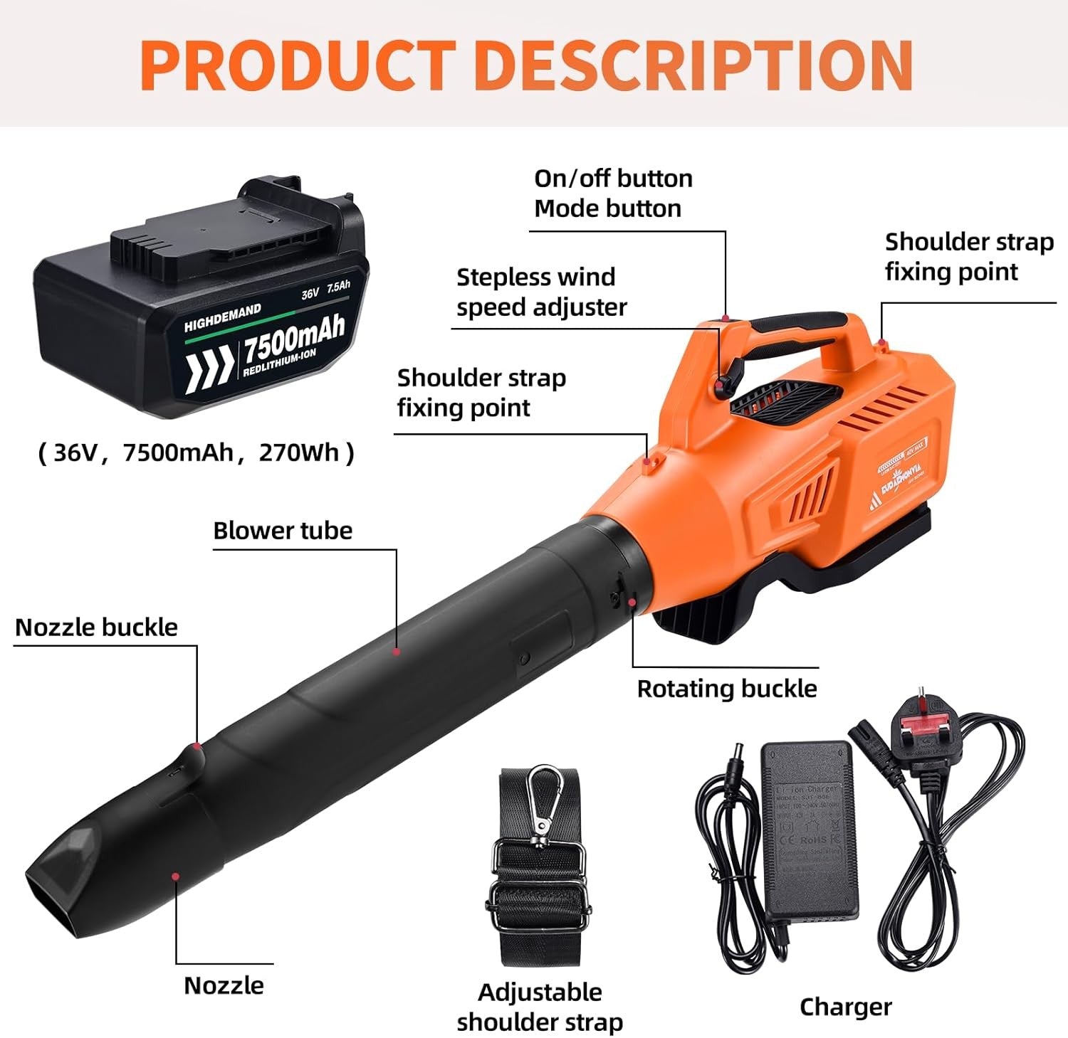 36V Cordless Leaf Blower 600CFM Brushless Variable Speed w/ Battery