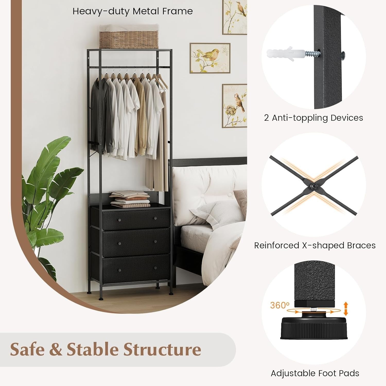 Clothes Rail Black 3 Drawers Freestanding Wardrobe Rack