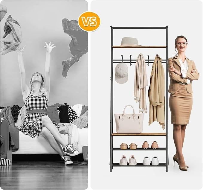 Brown 4-in-1 Coat Rack with Shoe Storage & 5 Hooks Freestanding Hall Tree