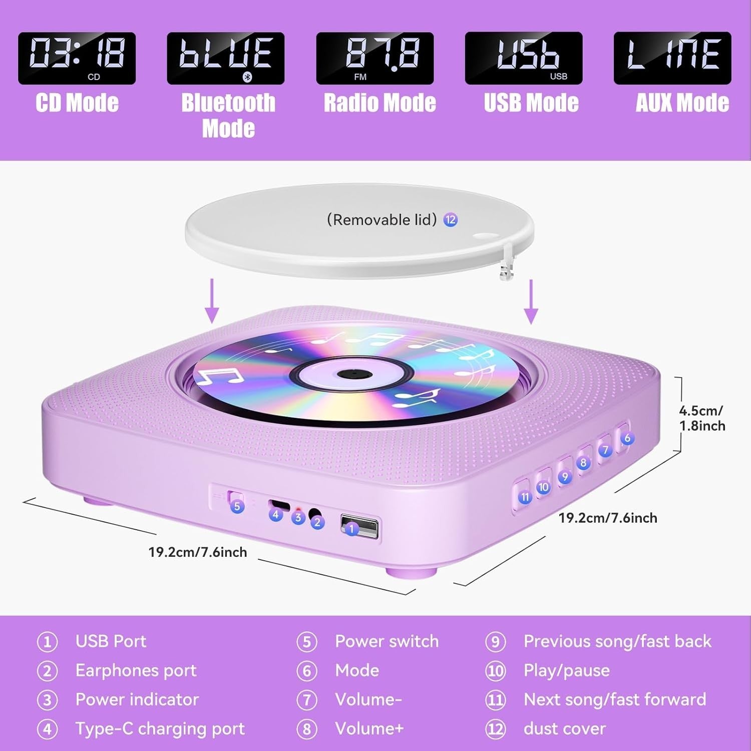 Desktop CD Player Bluetooth Speakers FM Radio USB AUX Remote Purple