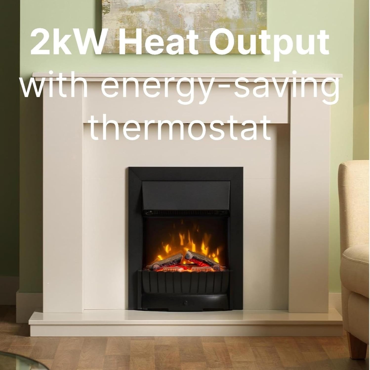 Electric Inset Fireplace Heater with Realistic LED Flame & Logs, 2kW Fan Heat