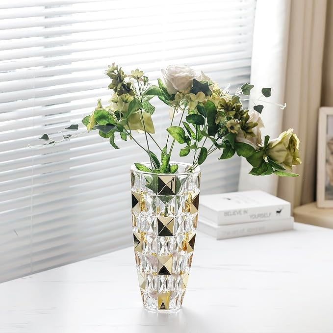 Gold Diamond Glass Vase Luxury Tall Crystal Style Flower Vase Home Decor