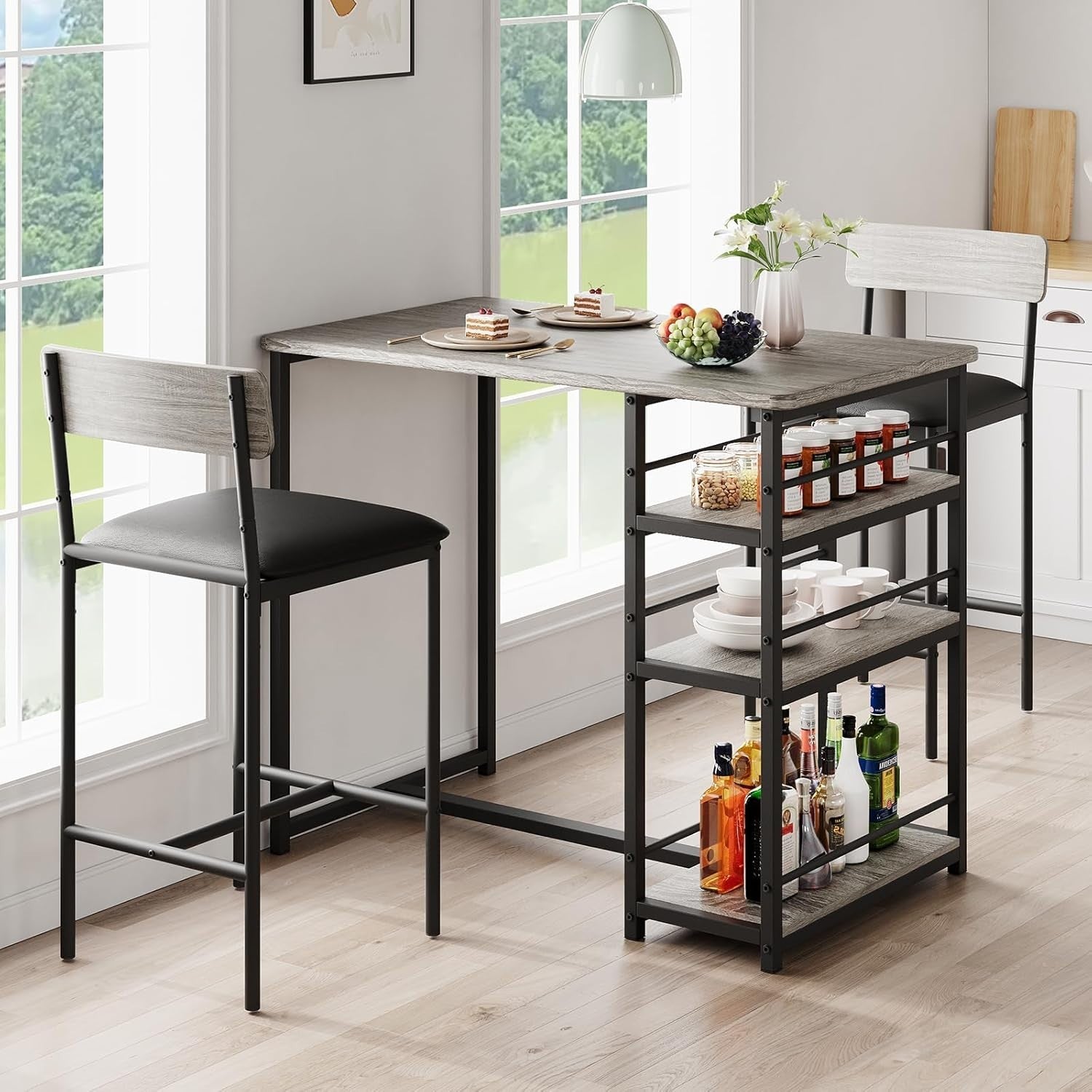 3 Pieces Bar Table Set 2 Upholstered Stools & Storage Shelves High Dining Grey