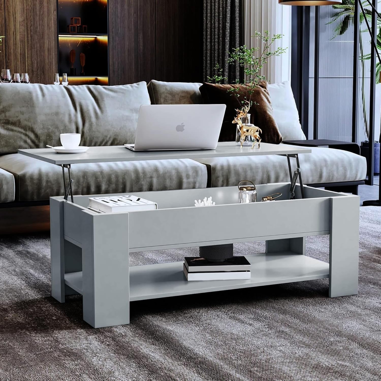 Lift Up Coffee Table with Storage – Grey 120x60cm Adjustable Height