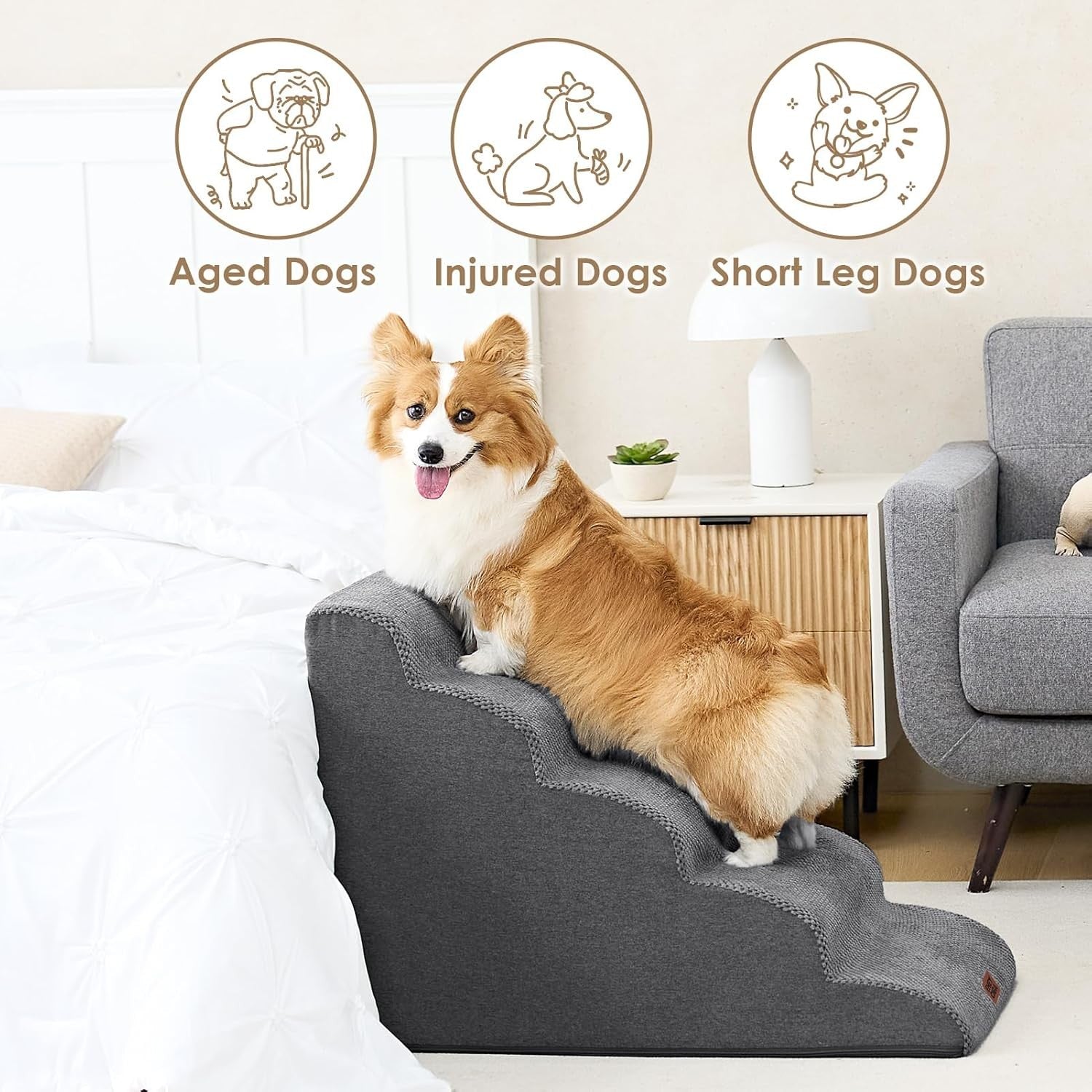 5 Step Dog Stairs for High Bed Non Slip Foam Pet Steps Washable Grey