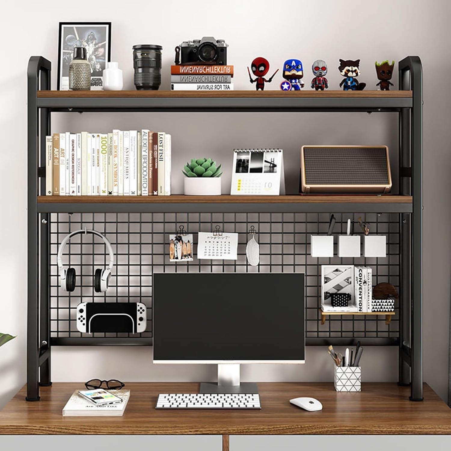 115cm 2-Tier Desktop Bookshelf Metal Wood Desk Hutch Organizer Storage Rack