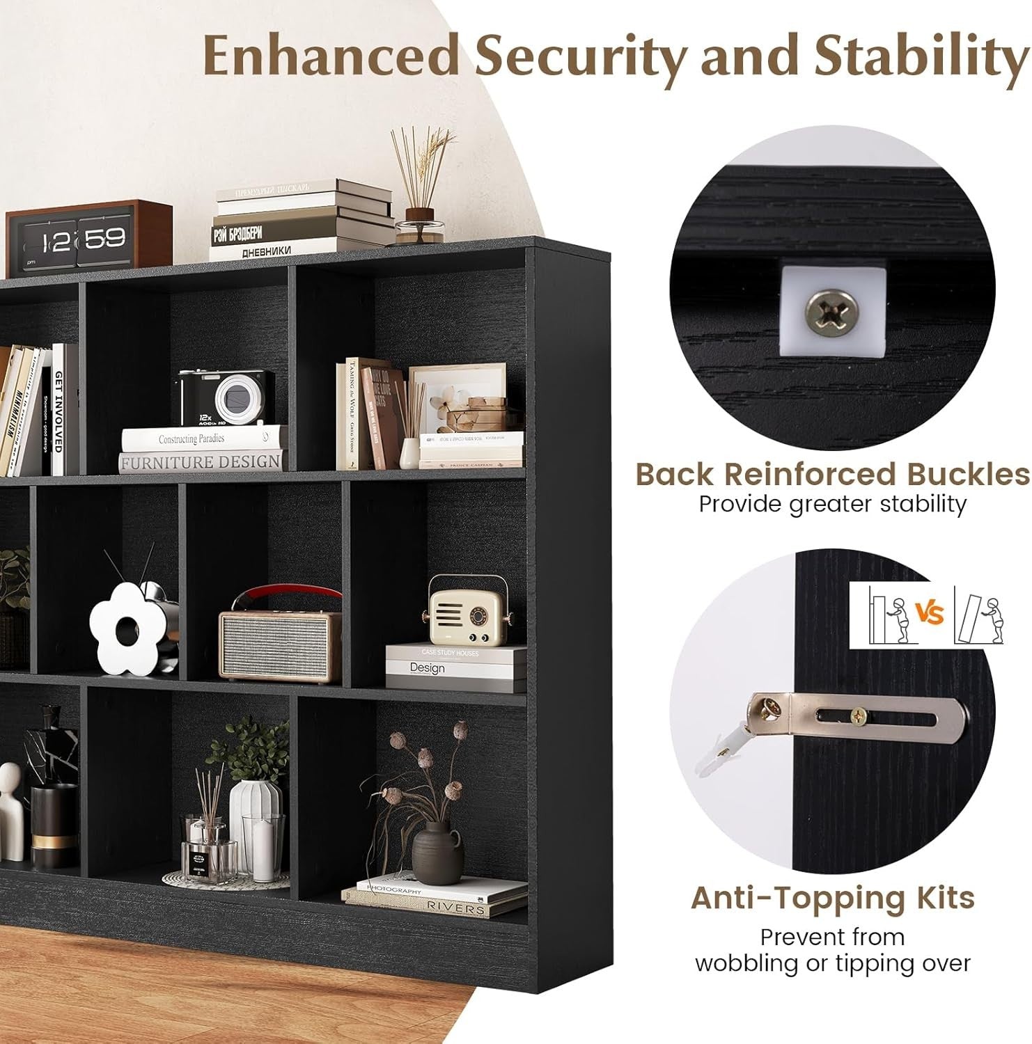 3 Tier Cube Bookcase 10 Compartment Storage Shelving Unit Display Black
