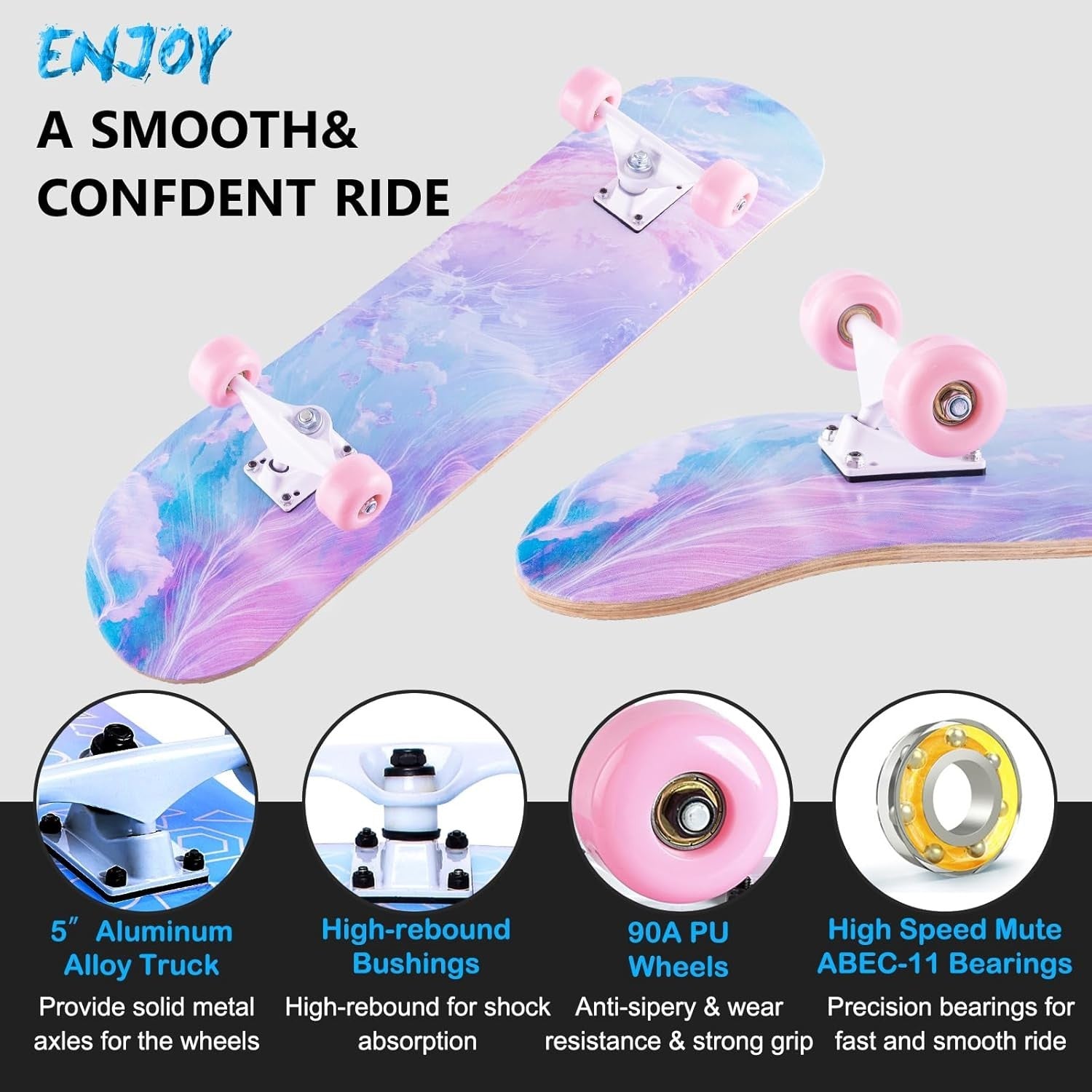 31x8 Maple Skateboard Complete Double Kick Pink Cruiser Beginner Teens