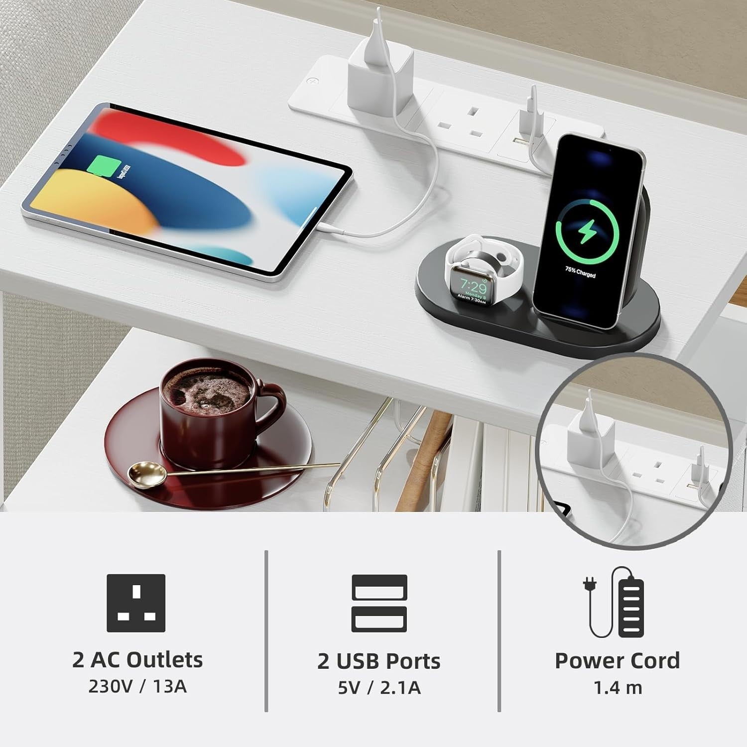 White Bedside Table with LED Light – USB Charging Ports