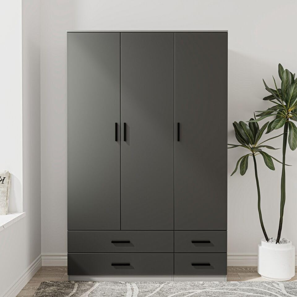 Black & Grey 3 Door Wardrobe 4 Drawers Rail Bedroom Cupboard Storage Modern