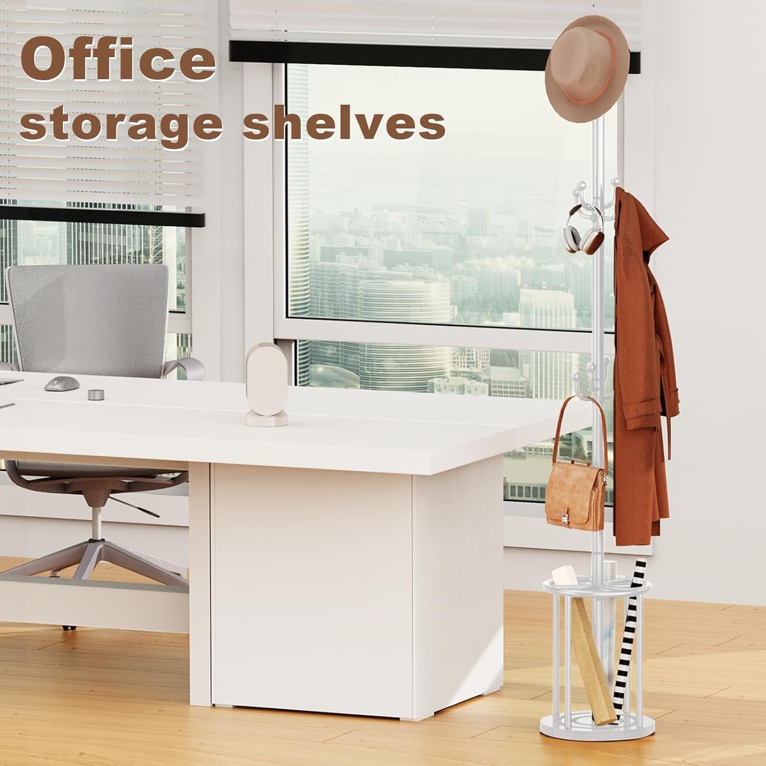 White Metal Coat Rack Stand | 12 Hook Freestanding Hall Tree with Umbrella Base