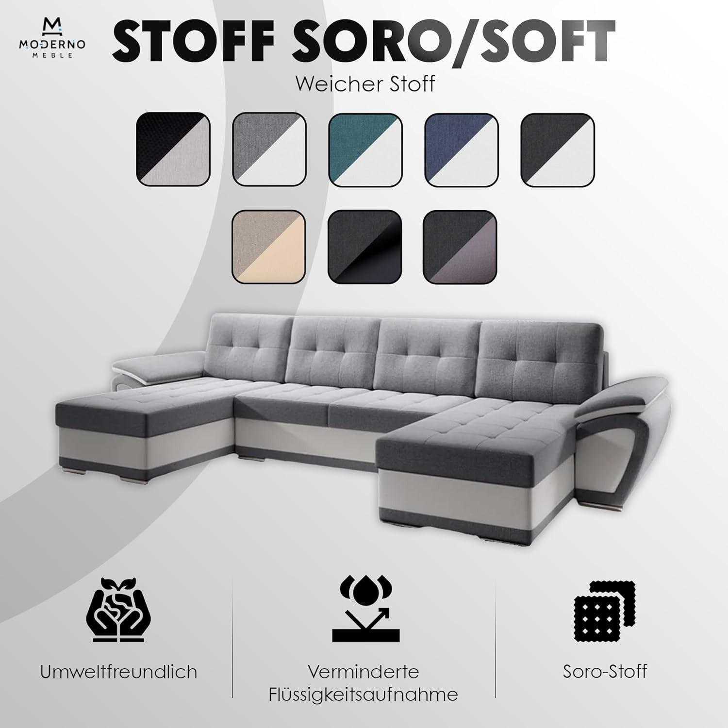 U-Shape Sofa Bed with Storage Box Quilted Cushions Graphite White Modern