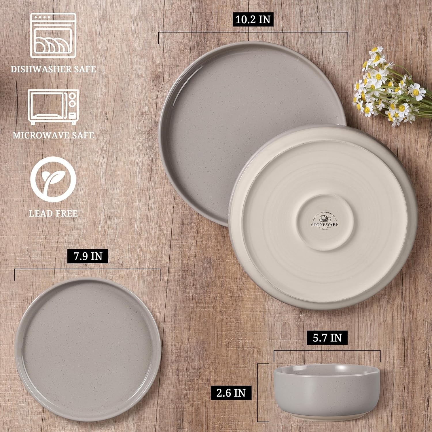 6pc Stoneware Dinnerware Set Plates Bowls Speckled Cream for 2