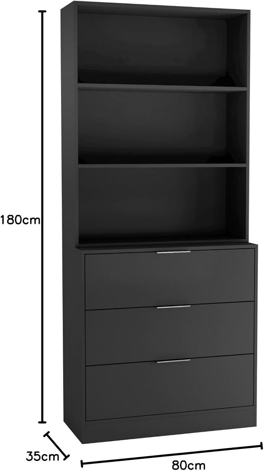 80cm Black 3 Drawer Chest with Bookcase – Tall Wooden Storage Display Unit