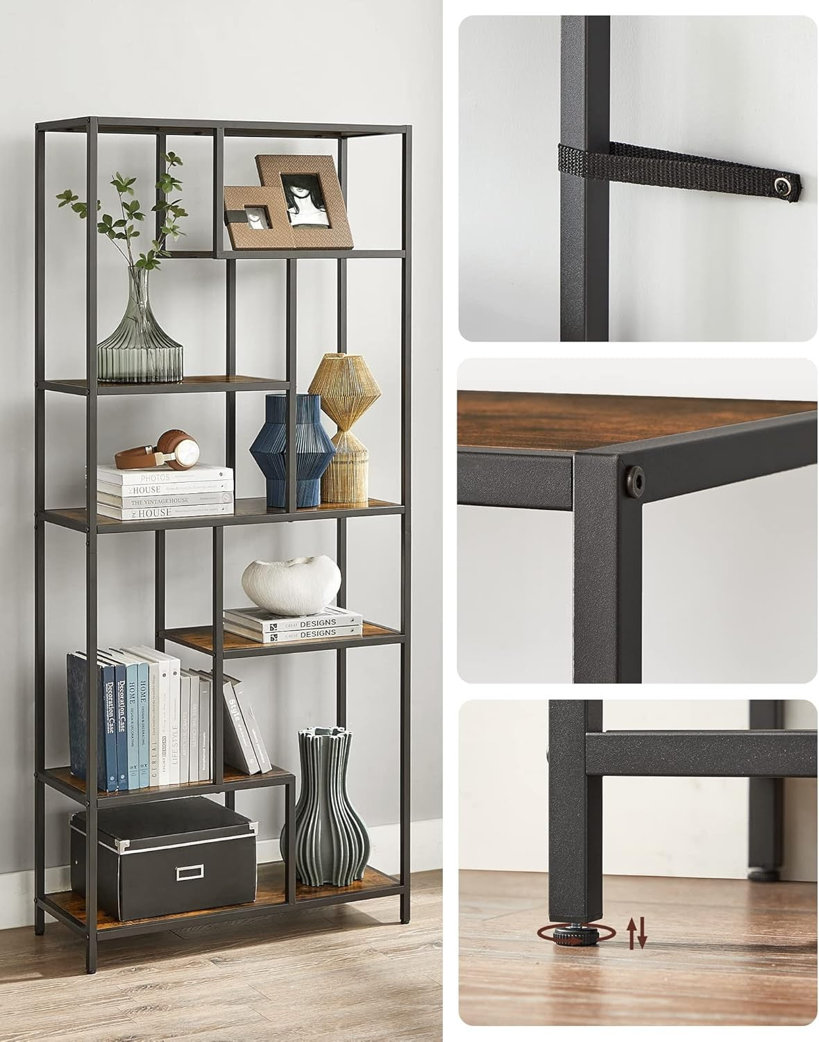 6-Tier Rustic Display Shelf | Industrial Geometric Bookshelf for Home Office