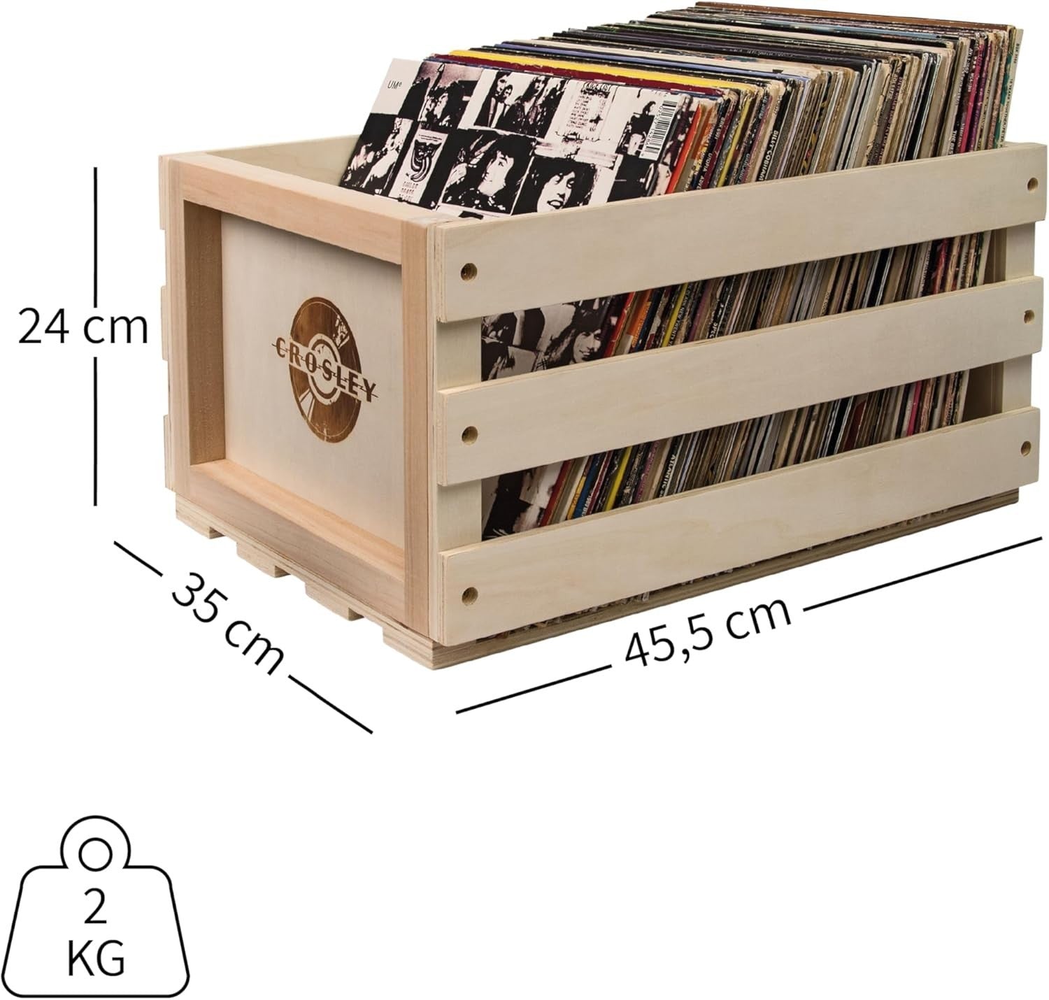 Rustic Wooden Record Storage Crate with Handles Holds 75 Albums