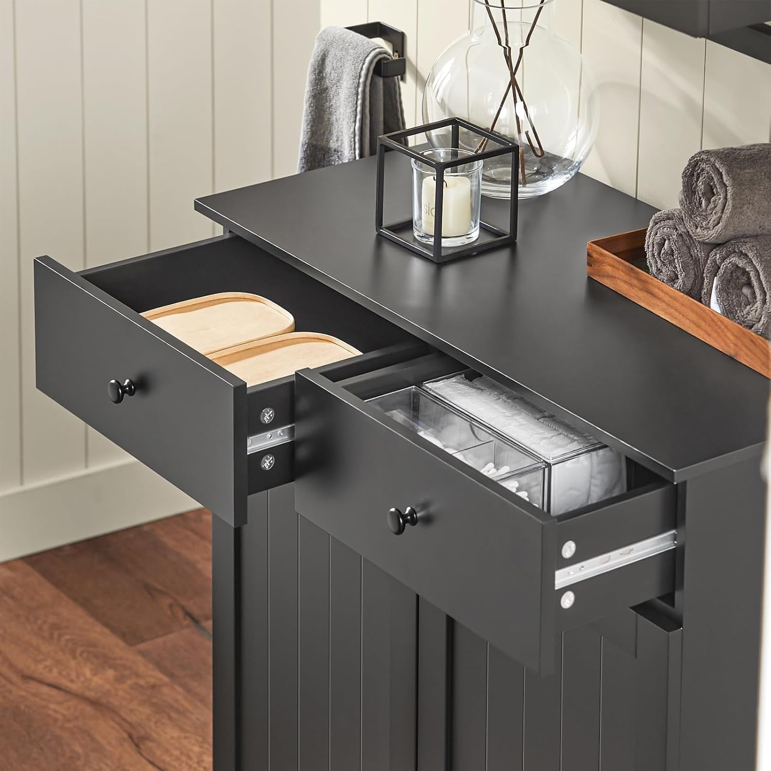 Bathroom Laundry Cabinet Storage Unit with Drawers & Baskets Black Wood