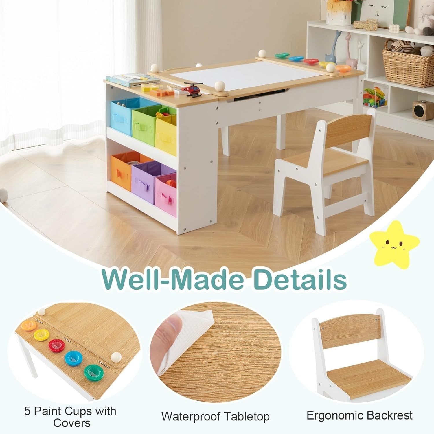 Kids Art Table and Chair Set with Storage Bins & Easel Desk Natural White 5 Cups