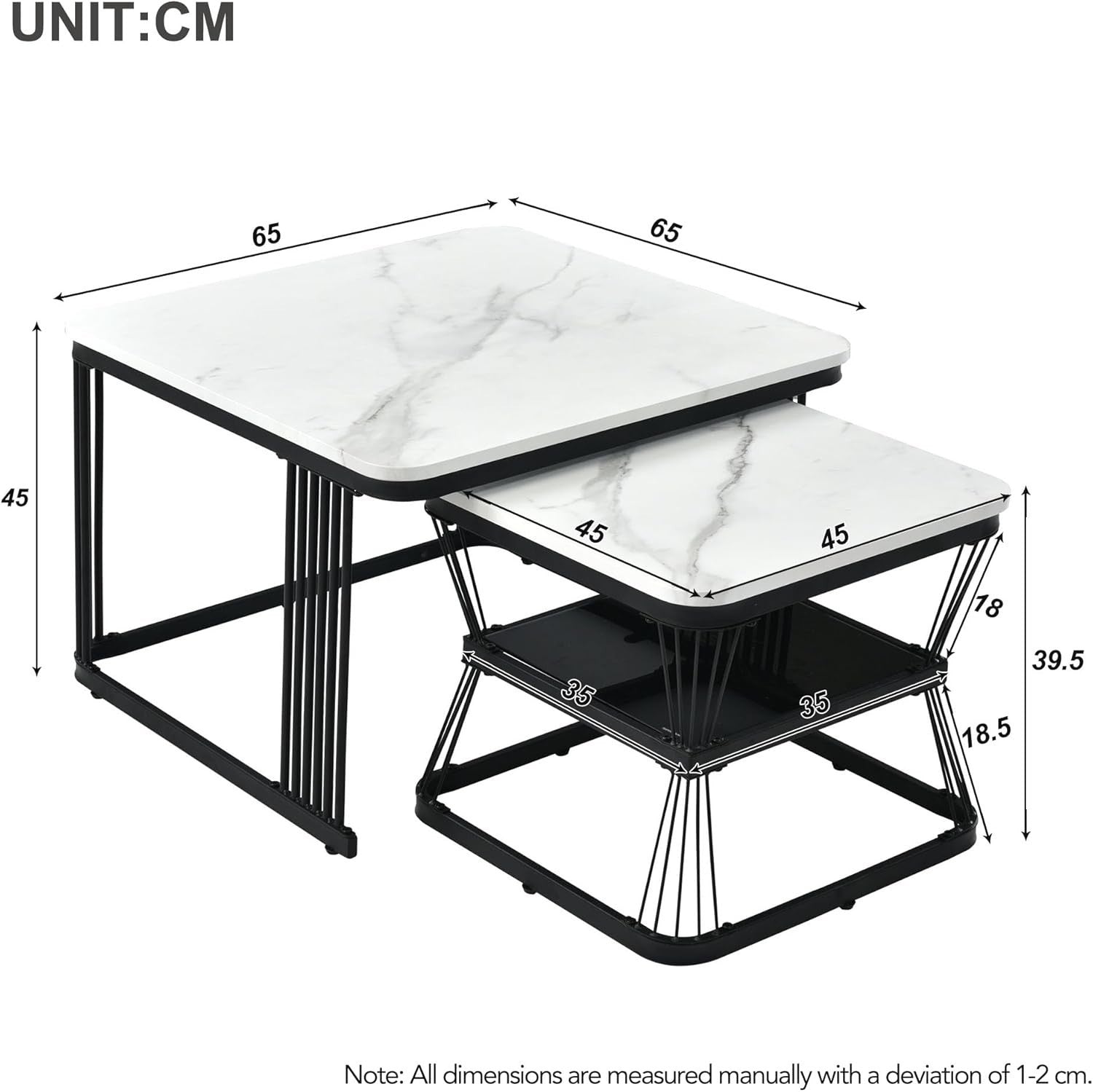Nesting Coffee Table Set of 2 Square Modern End Side Tables Wood Top Metal Frame