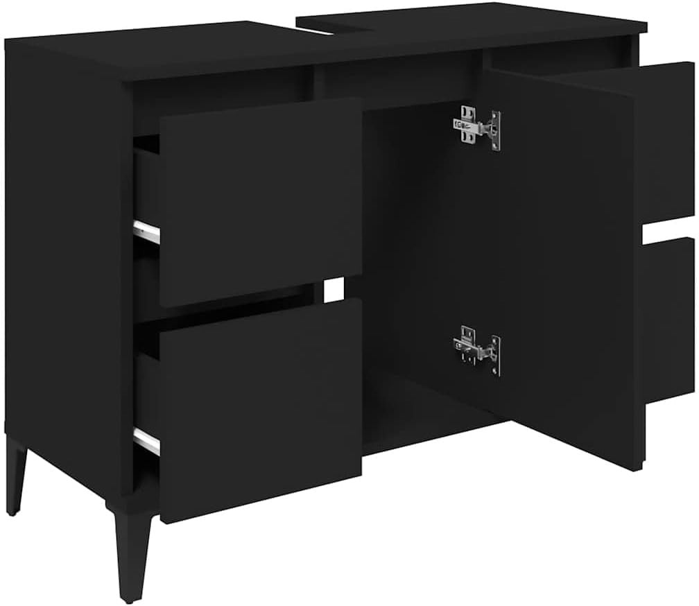 Black Under Sink Bathroom Cabinet 4 Drawer Vanity Unit Modern 80x60cm MDF