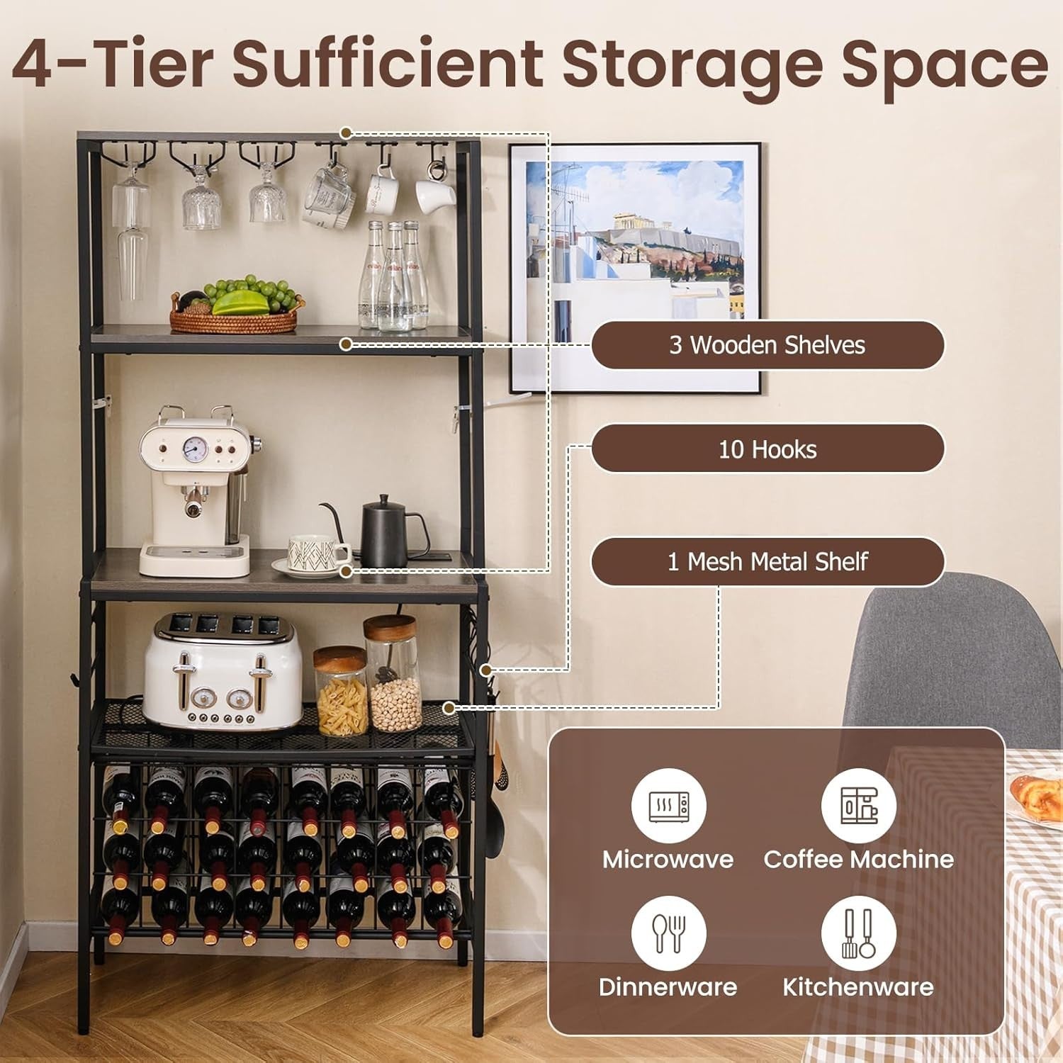 4 Tier Wine Rack Bar Cabinet with Power Outlets, 24 Bottle Storage