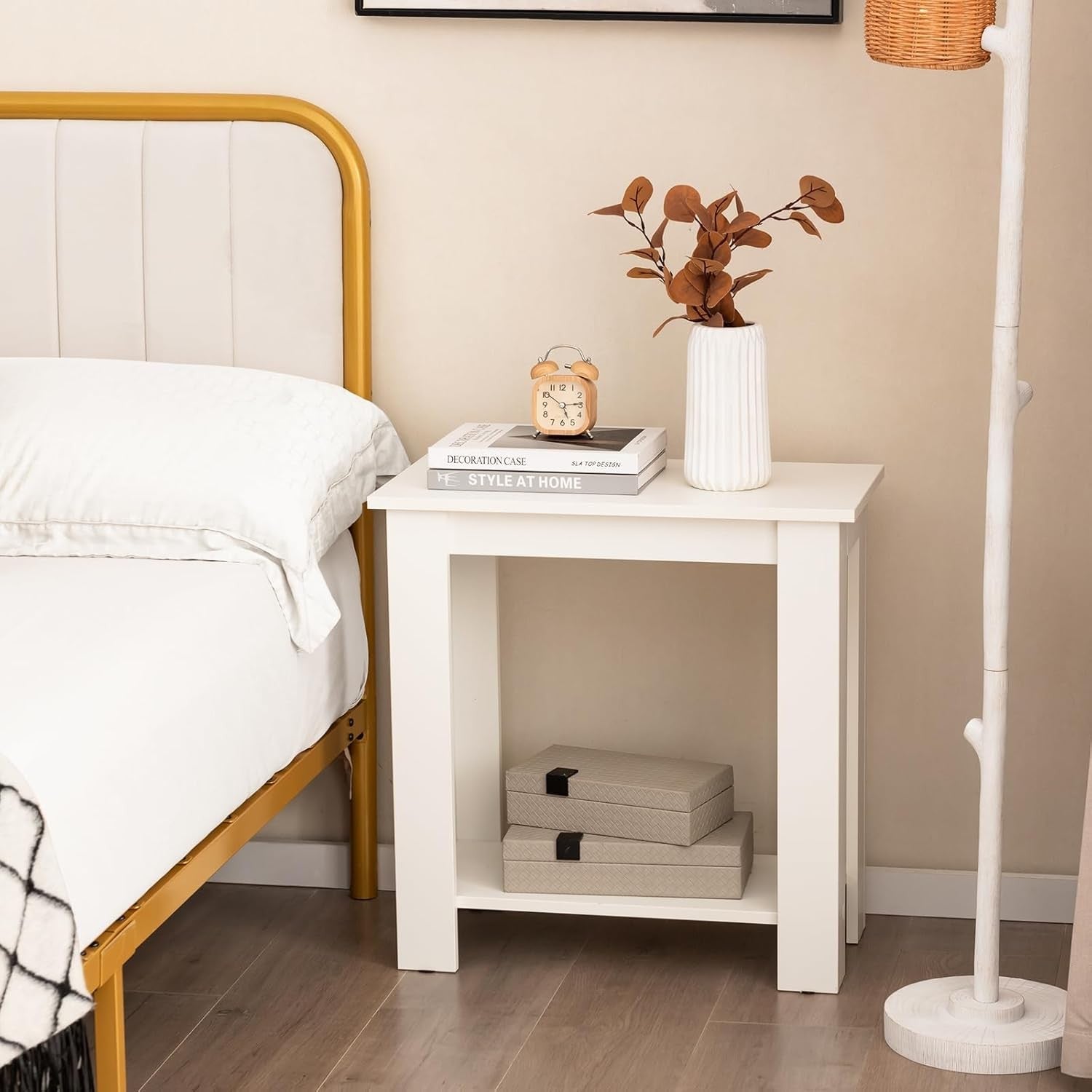Slim White 2-Tier Bedside Table with Storage Shelf – Modern Compact Side Table