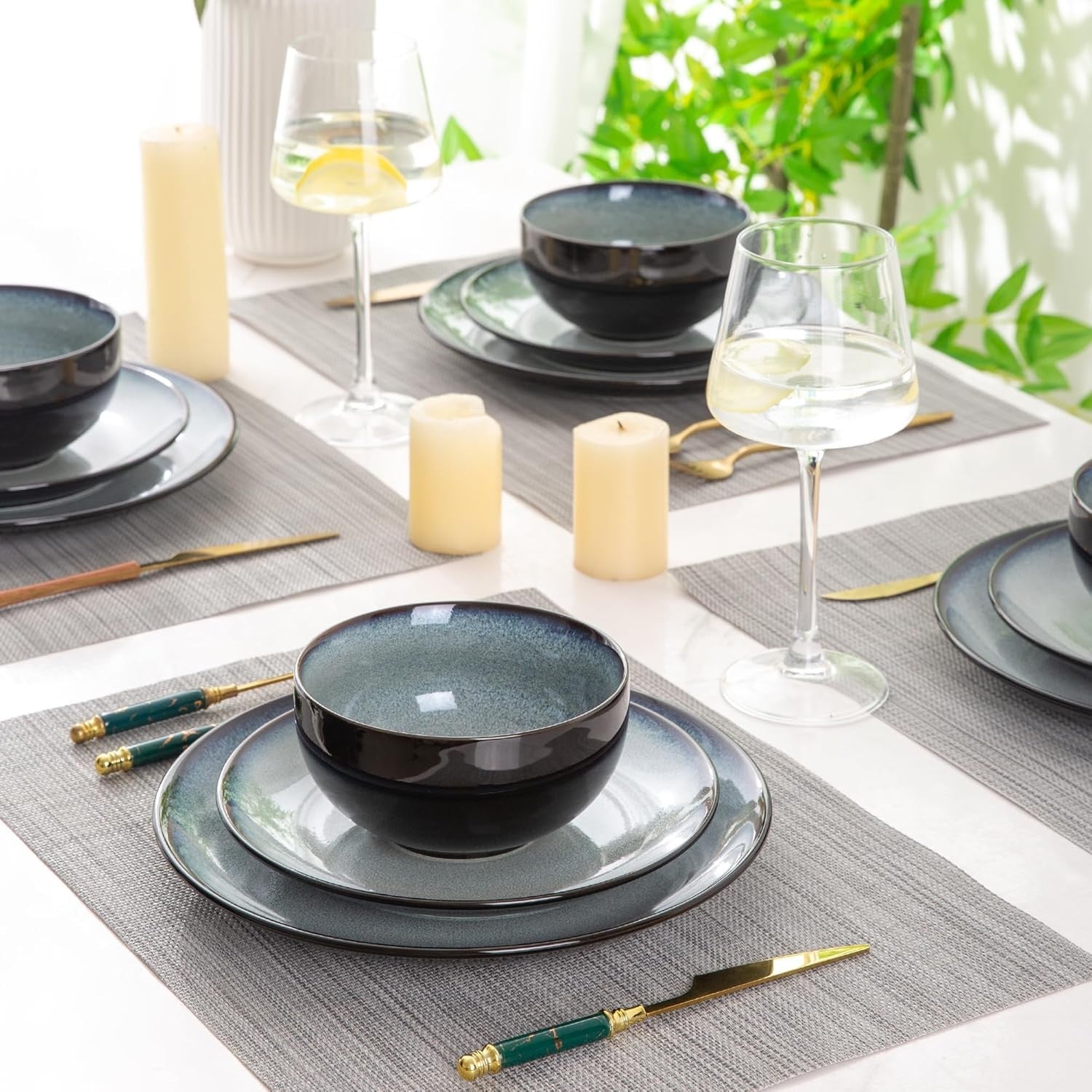 12pc Stoneware Dinner Set Plates Bowls Dishwasher Microwave Safe Blue