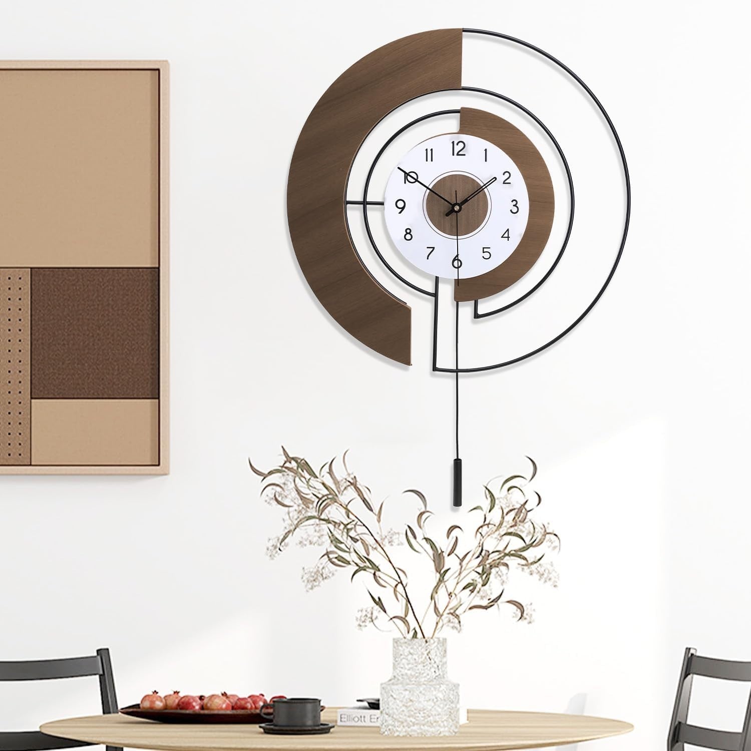 Silent Large Wall Clock with Pendulum, Quartz Battery Operated, Modern Decor