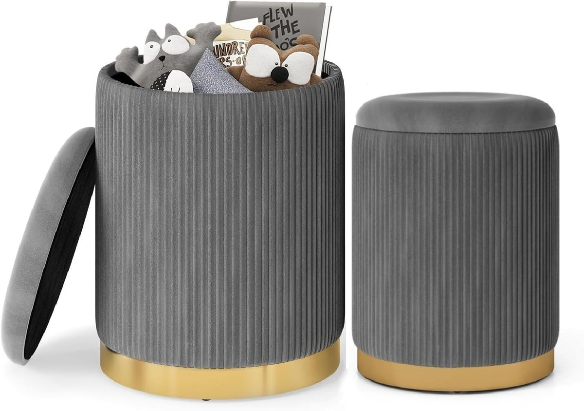Grey Velvet Nesting Footstools Set of 2 Storage Ottomans Round Gold Base